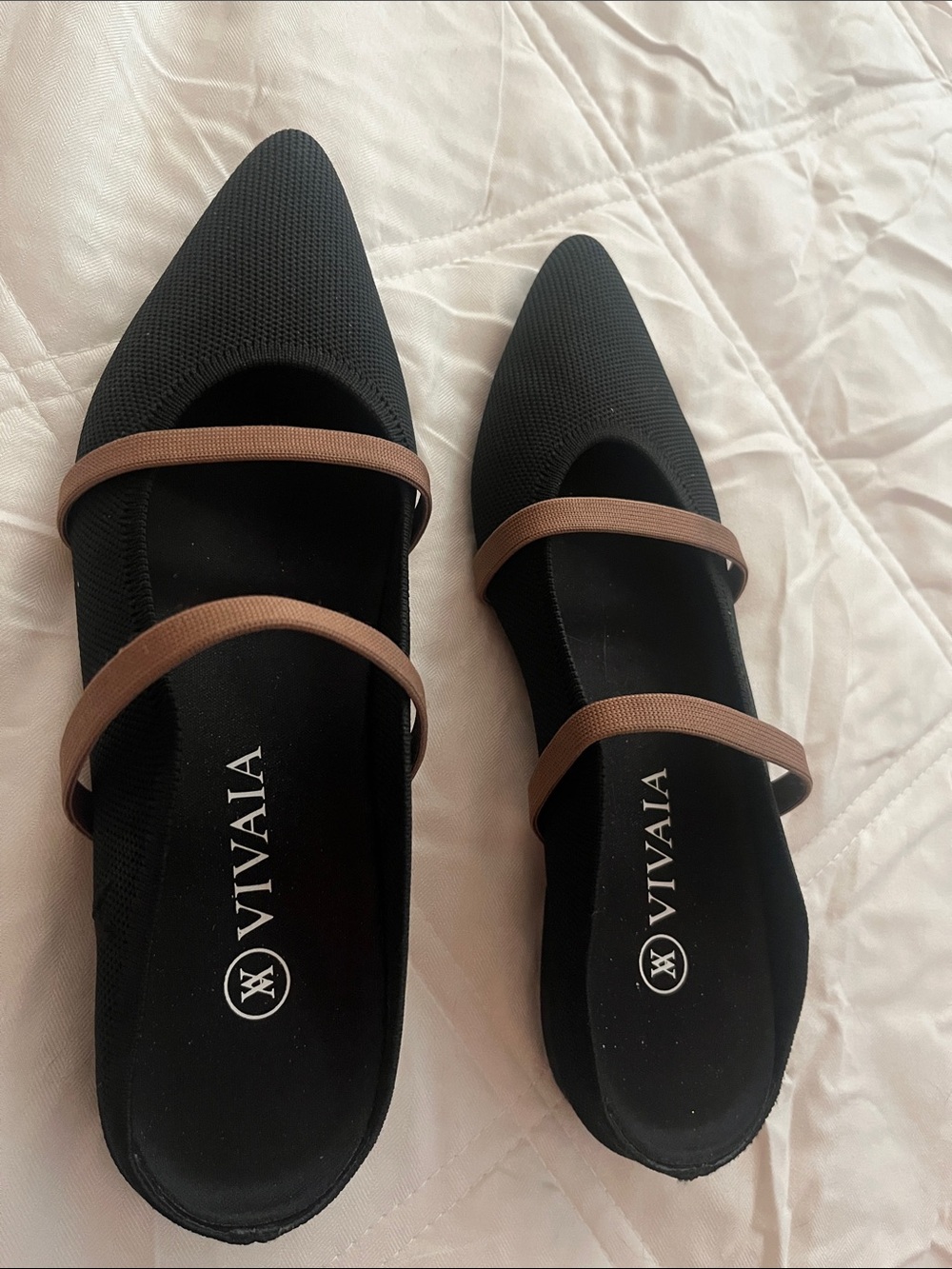 Viviana Black Pointed Flats with Brown Double Straps